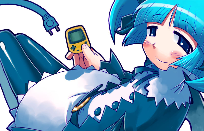 1girl, aqua_hair, blue_eyes, blush_stickers, cable, character_request, dress, flat_chest