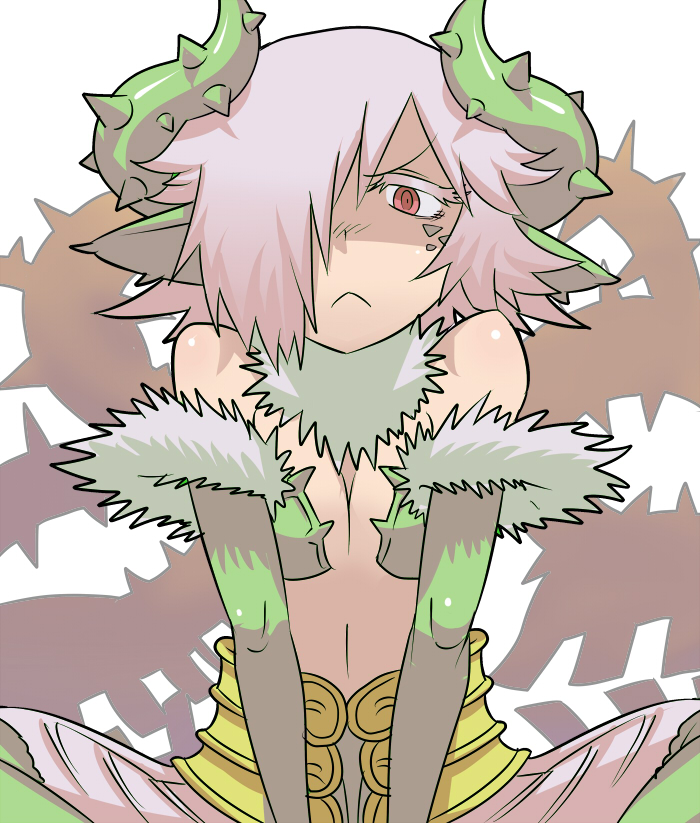 1girl, :<, armor, armored_dress, bare_shoulders, breasts, cleavage, dokuzeru