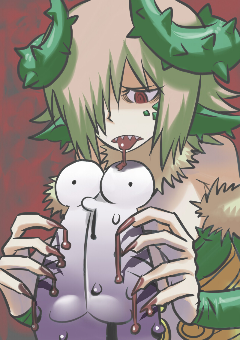 1girl, artist_self-insert, bare_shoulders, blood, detached_sleeves, dokuzeru, drooling, fingernails