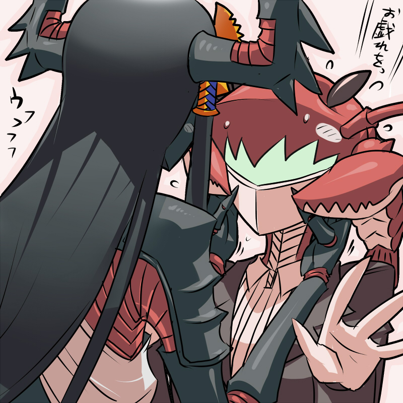 2girls, antennae, black_hair, butler, claws, ebifran_(matsuda_yuusuke), hair_tubes, horned_helmet