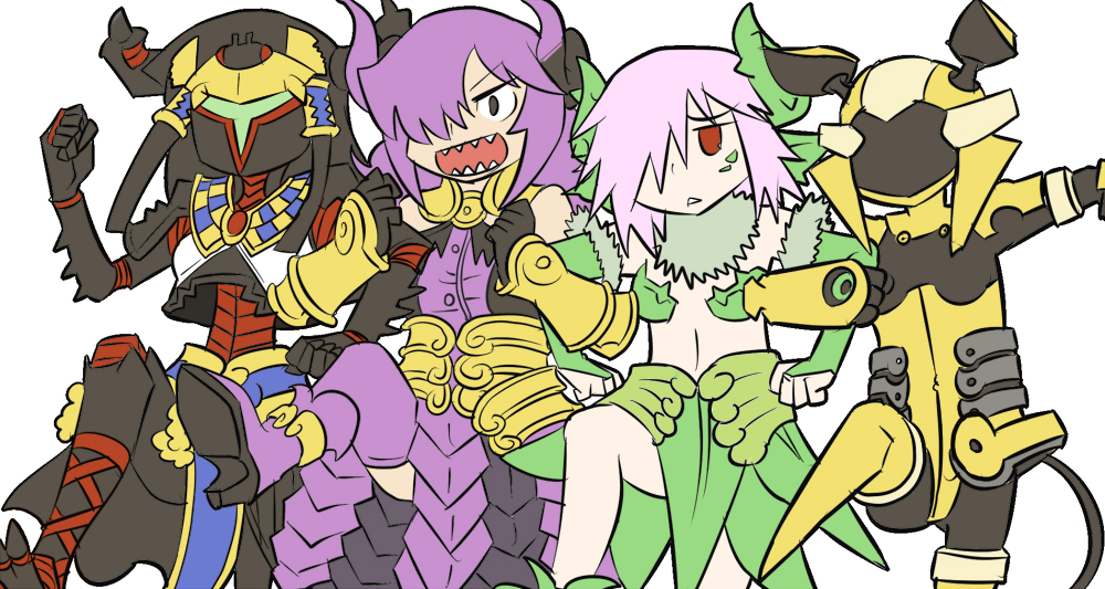 4girls, boots, chibi, clenched_hand, dancing, demon_girl, dress, elbow_gloves