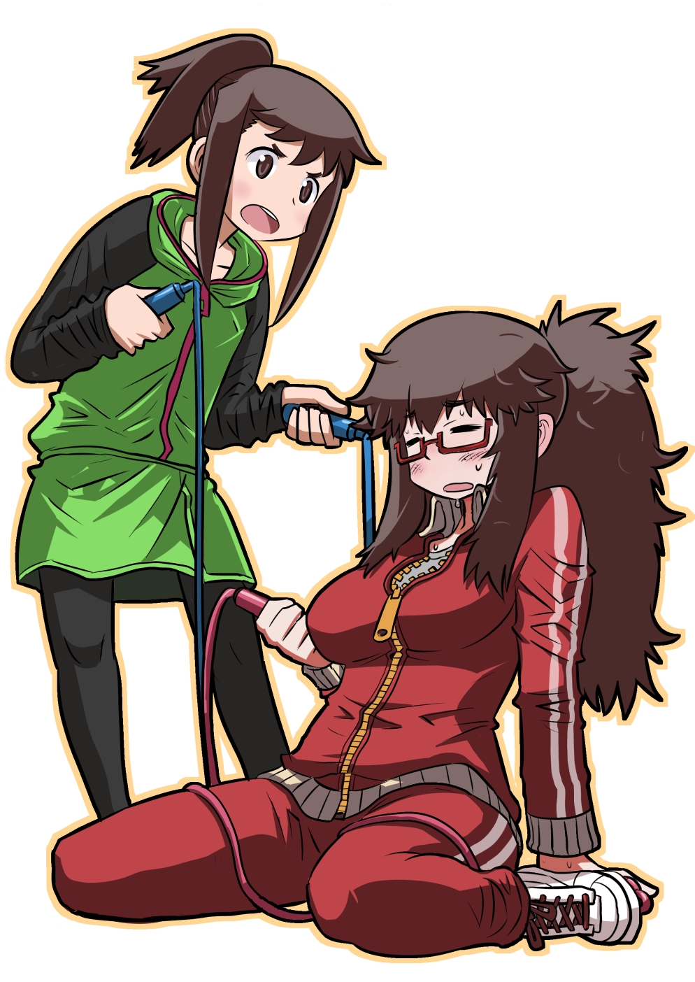 2girls, alternate_hairstyle, breasts, brown_eyes, brown_hair, character_request, closed_eyes, freckles