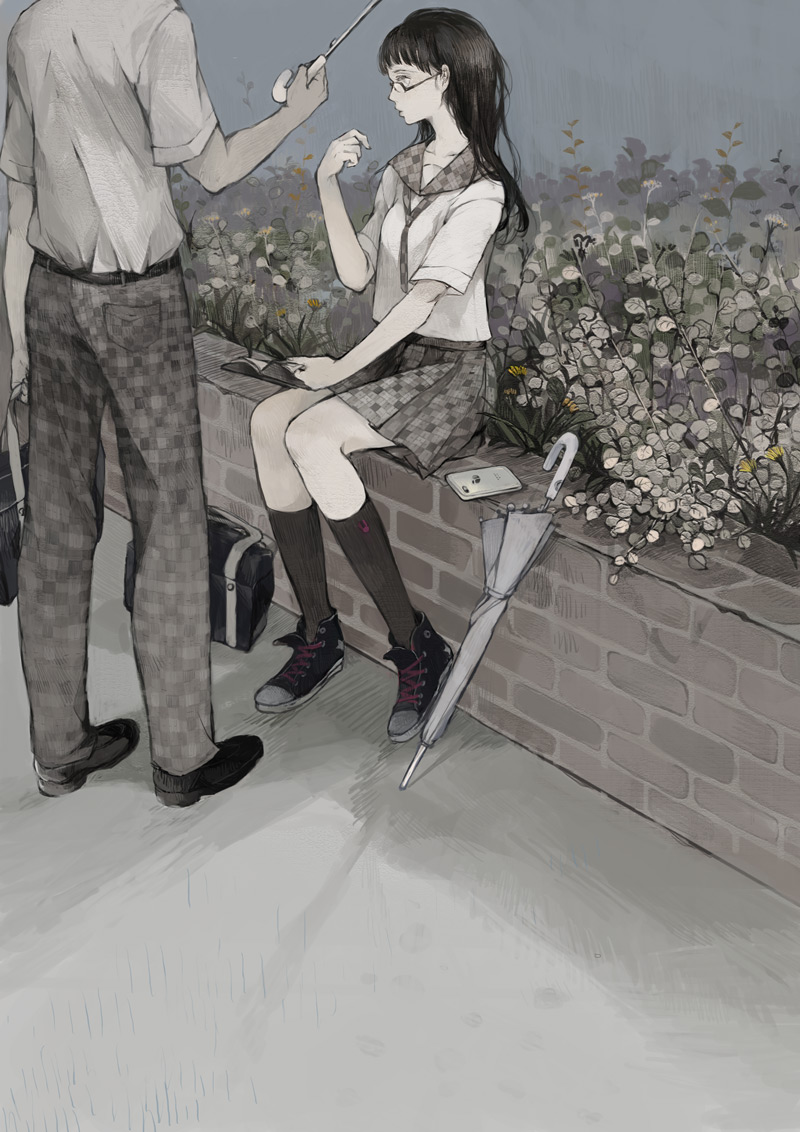 1boy, 1girl, bag, black_hair, book, cellphone, checkered, checkered_skirt