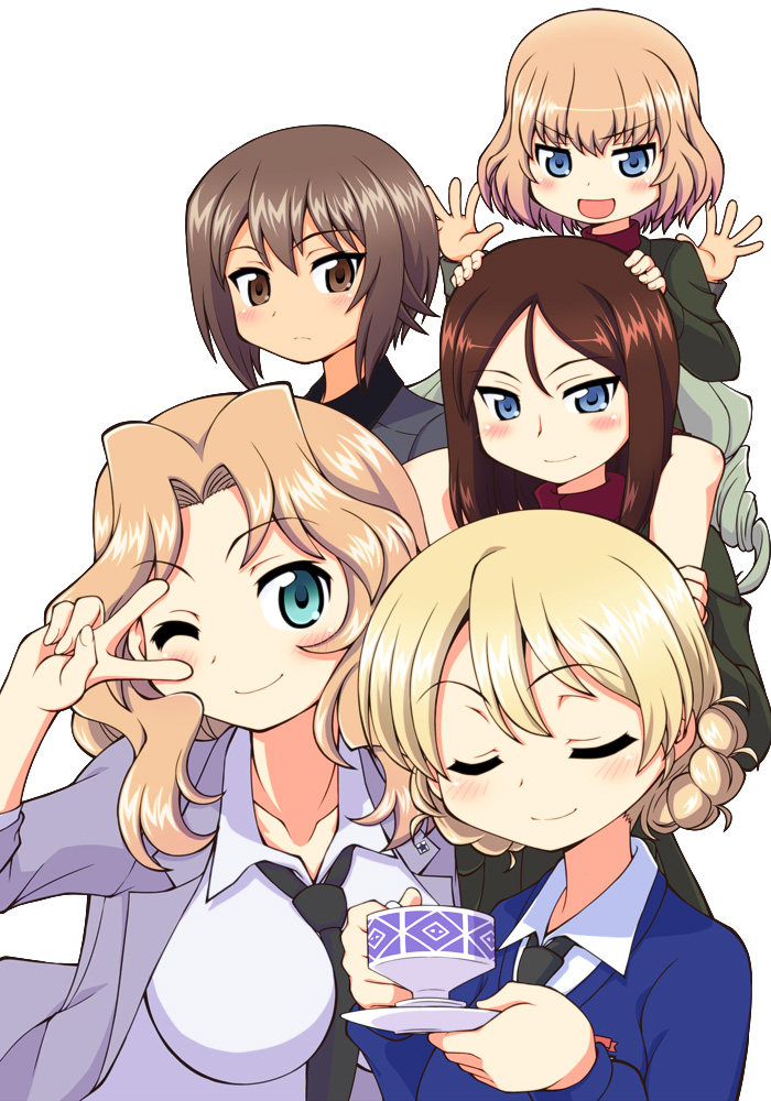 blonde_hair, blue_eyes, braid, brown_hair, cup, darjeeling, girls_und_panzer, katyusha