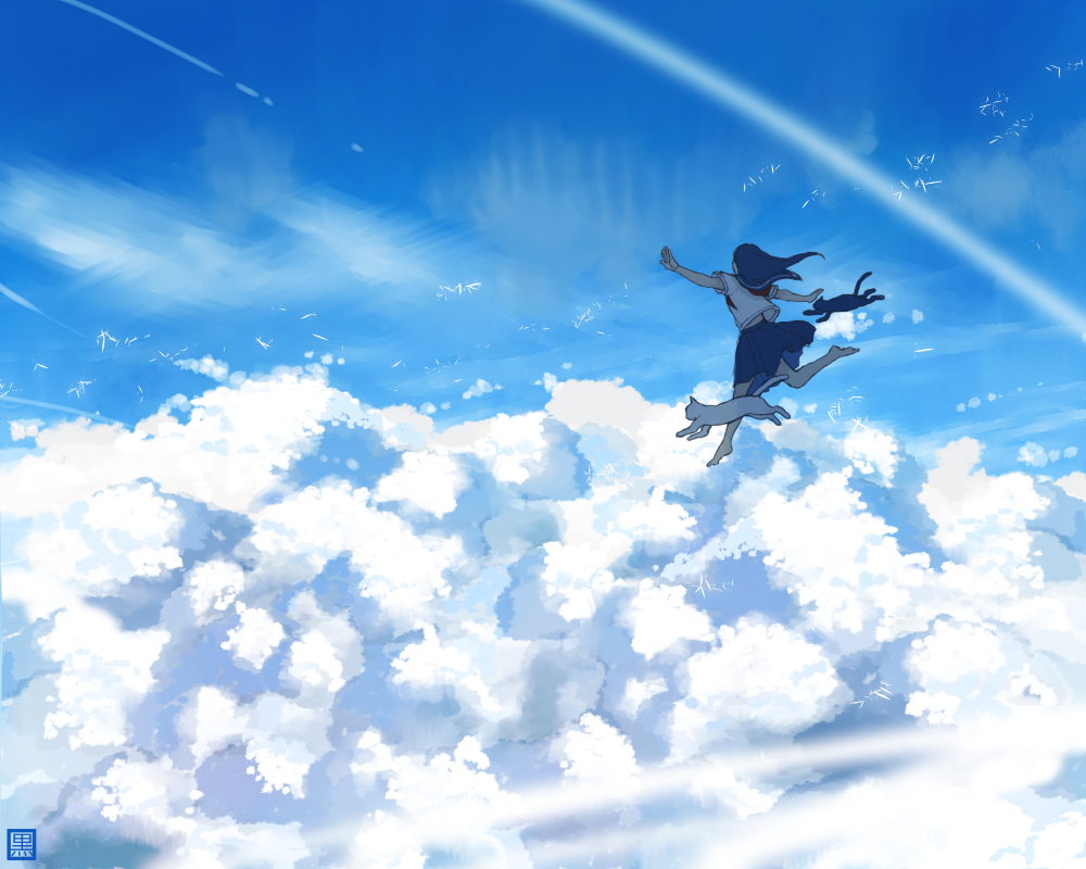 1girl, above_clouds, barefoot, black_cat, black_hair, blue, cat, clouds