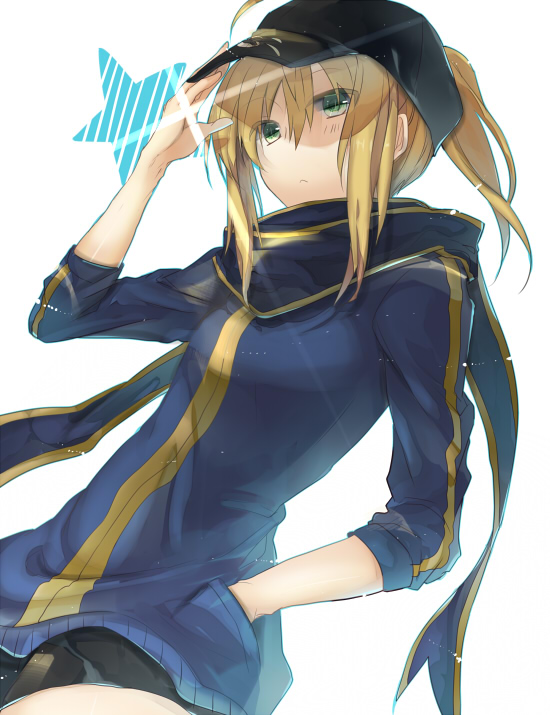 1girl, ahoge, baseball_cap, blonde_hair, green_eyes, hand_in_pocket, hat, heroine_x
