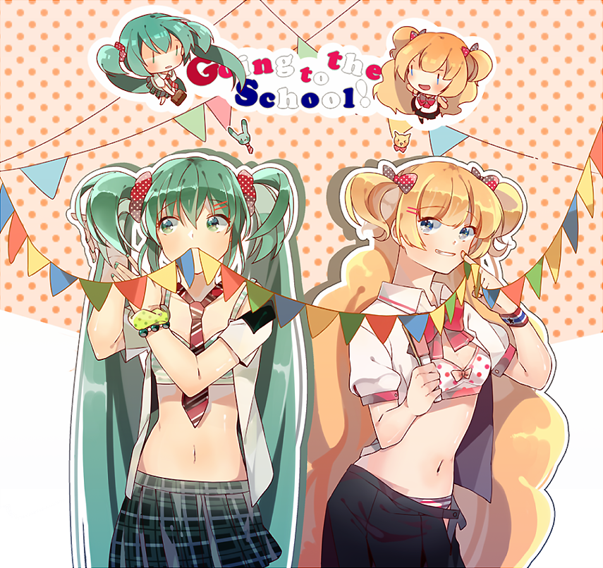 2girls, alternate_costume, aqua_eyes, aqua_hair, blonde_hair, blue_eyes, bow, bow_bra