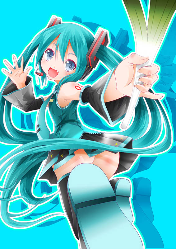 1girl, aqua_hair, blue_background, blue_eyes, boots, detached_sleeves, fang, hatsune_miku, headset, long_hair, looking_back, makoto5391, necktie, open_mouth, solo, spring_onion, thigh_boots, thighhighs, twintails, very_long_hair, vocaloid