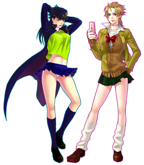 2girls, black_hair, blonde_hair, dio_brando, genderswap, hat, jojo_no_kimyou_na_bouken, kuujou_joutarou