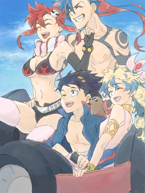 2boys, 2girls, armlet, bikini_top, blue_hair, boota, bracelet, breasts