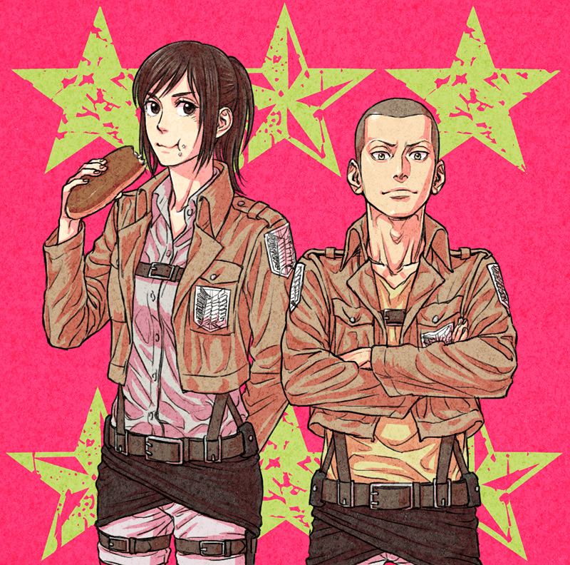 1boy, 1girl, :t, brown_eyes, brown_hair, buzz_cut, claptrack, conny_springer