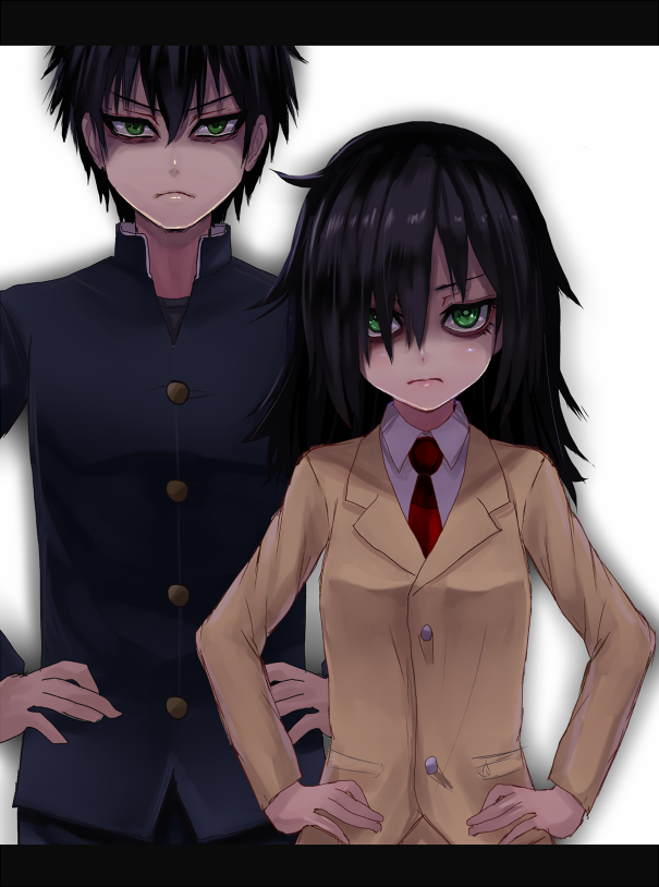 black_hair, blazer, brother_and_sister, gakuran, green_eyes, hands_on_hips, kuroki_tomoki, kuroki_tomoko