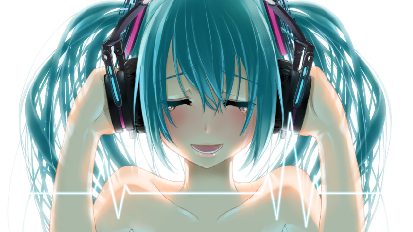 aqua_hair, ask02, bare_shoulders, blush, closed_eyes, hands_on_headphones, hatsune_miku, headphones