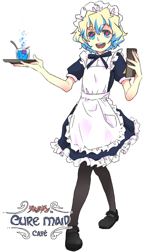 apron, drink, frills, hairband, leggings, maid, maki666, multicolored_hair