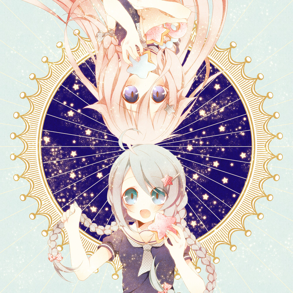 2girls, ahoge, anju_(meipurusanchi), blue_eyes, braid, doughnut, green_eyes, hair_ornament