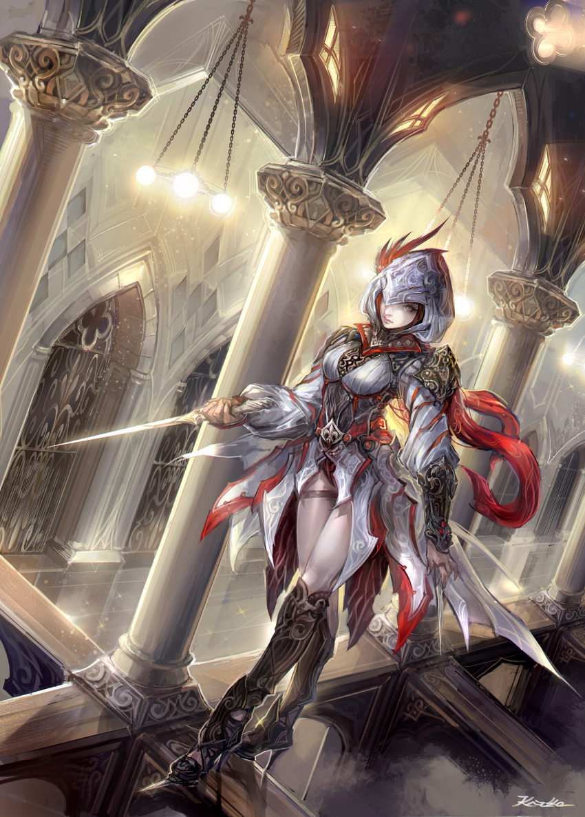 1girl, armor, assassin, dagger, grey_eyes, hidden_blade, highres, hood