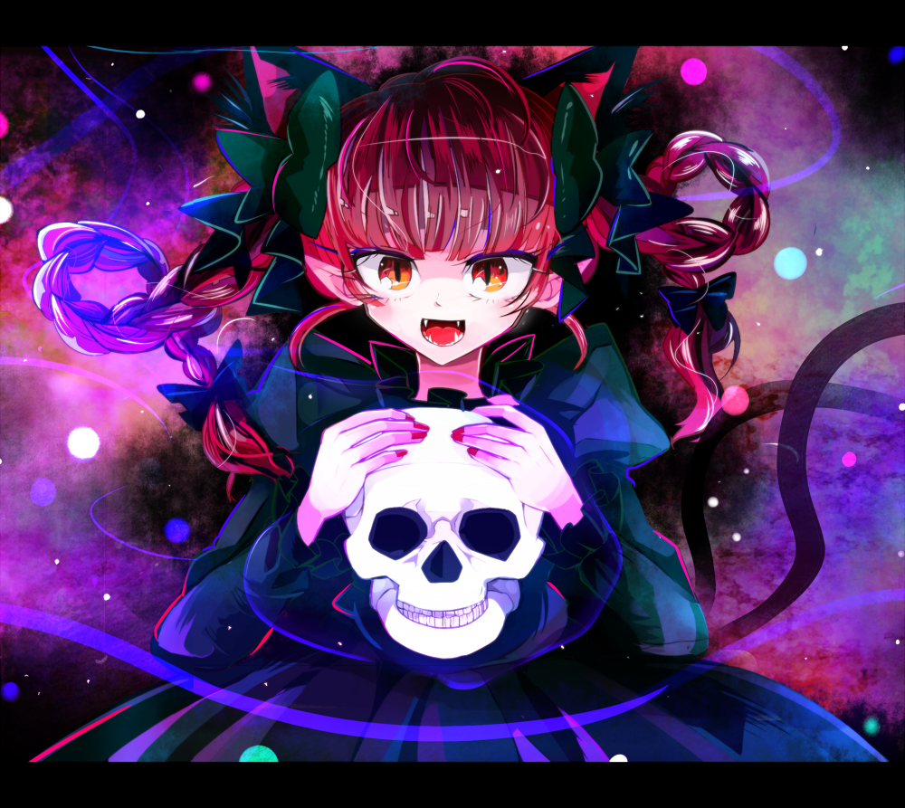 1girl, animal_ears, bow, braid, cat_ears, cat_tail, dress, fangs, green_dress, hair_bow, kaenbyou_rin, long_hair, open_mouth, red_eyes, redhead, ribbon, skull, solo, south_(monookibako), tail, touhou, twin_braids