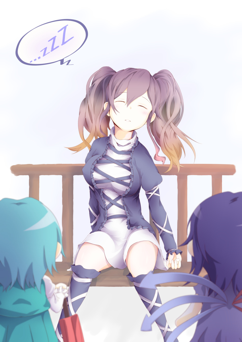 3girls, alternate_hairstyle, asymmetrical_wings, back, bench, black_hair, black_legwear, blue_hair