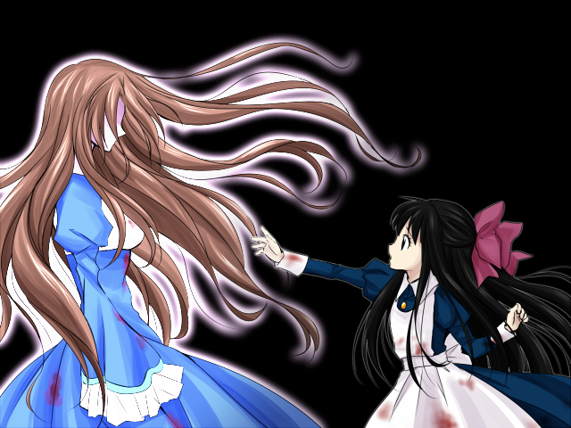 apron, aya_drevis, black_hair, blood, brown_hair, dress, game_cg, long_hair, mad_father, monika_drevis, mother_and_daughter, ribbon