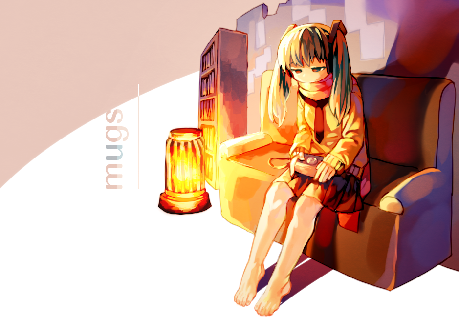 1girl, barefoot, blank_(935115), bookshelf, camera, couch, hatsune_miku, heater, scarf, sitting, skirt, twintails, vocaloid