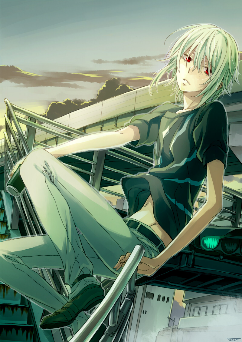 1boy, 6w6y, accelerator, red_eyes, solo, to_aru_kagaku_no_railgun, to_aru_majutsu_no_index, traffic_light
