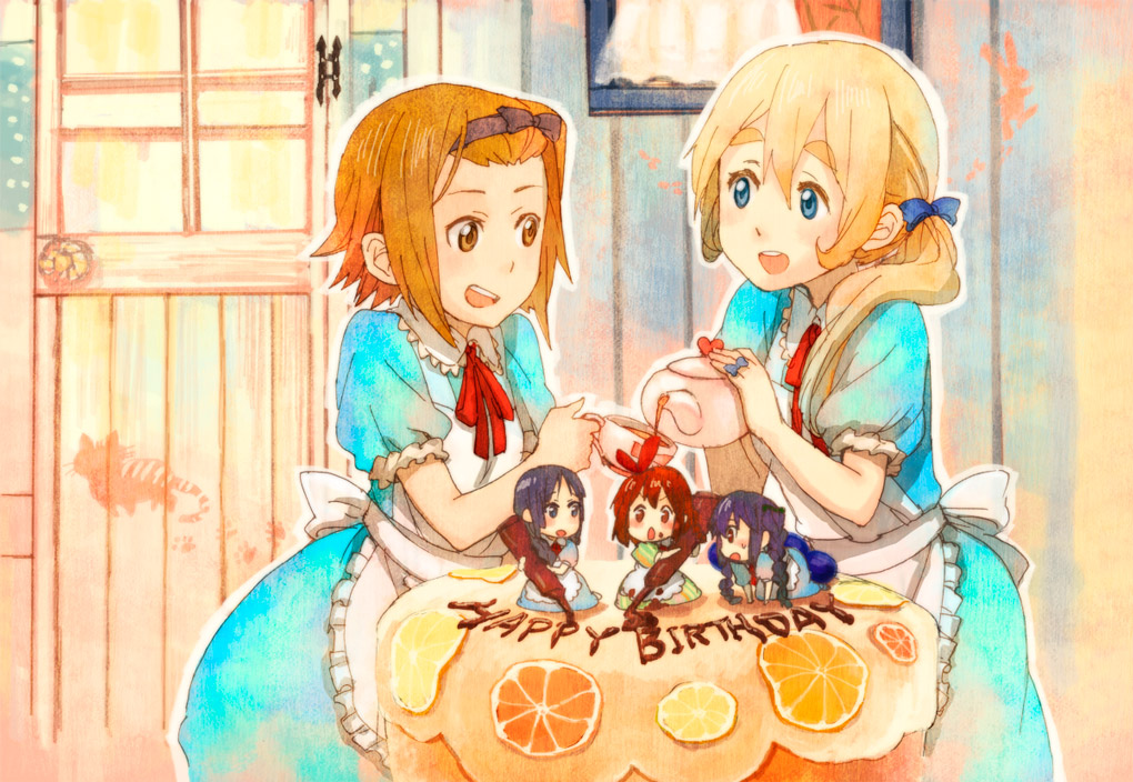 5girls, akiyama_mio, birthday, birthday_cake, black_hair, blonde_hair, blue_dress, brown_eyes, brown_hair, cake, cup, dress, eyebrows, food, frosting_bag, fruit, fukutarou_(enji127), hair_ribbon, happy_birthday, hirasawa_yui, k-on!, kotobuki_tsumugi, long_hair, maid_apron, multiple_girls, nakano_azusa, neck_ribbon, open_mouth, orange, ribbon, short_hair, side_ponytail, skirt, smile, tainaka_ritsu, tea, teacup, teapot, twintails