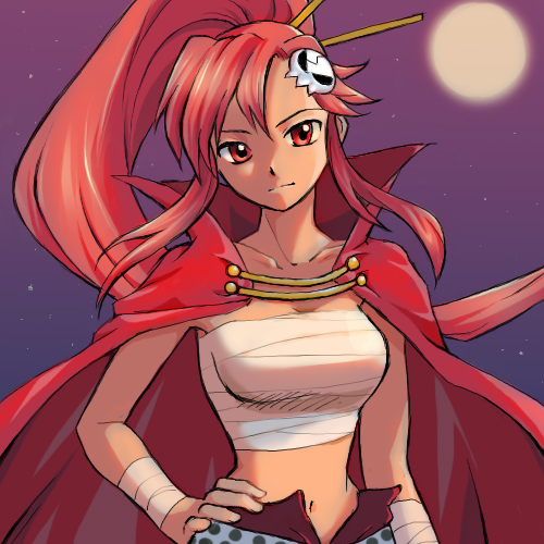 1girl, alternate_eye_color, bandages, cape, hair_ornament, hand_on_hip, kamina, kamina_(cosplay), lowres, midriff, moon, navel, neko_yuuko, night, ponytail, red_eyes, redhead, skull_hair_ornament, solo, tengen_toppa_gurren_lagann, yoko_littner