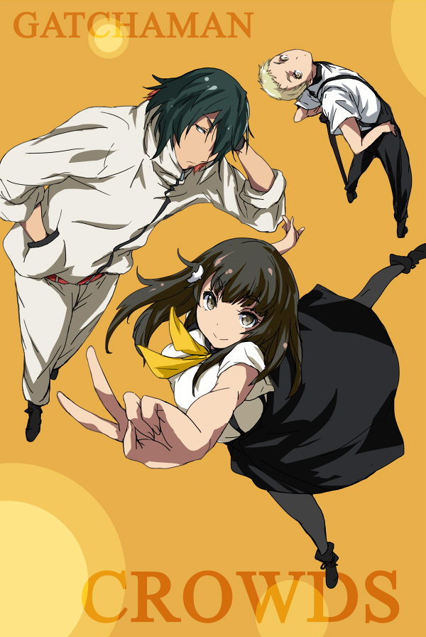 1girl, 2boys, :>, belt, black_hair, blonde_hair, gatchaman_crowds, grey_eyes