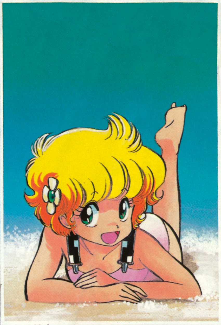 80s, absurdres, akaishizawa_takashi, beach, blonde_hair, green_eyes, highres, kotobuki_shiiko, lying, oldschool, on_stomach, one-piece_swimsuit, project_a-ko, short_hair, swimsuit
