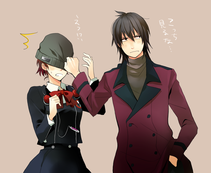 1boy, 1girl, aragaki_shinjirou, beanie, blush, bow, couple, female_protagonist_(persona_3), hat, headphones, persona, persona_3, persona_3_portable, school_uniform, shiro96, short_hair, skirt, translated, translation_request, trench_coat, trenchcoat, tsundere