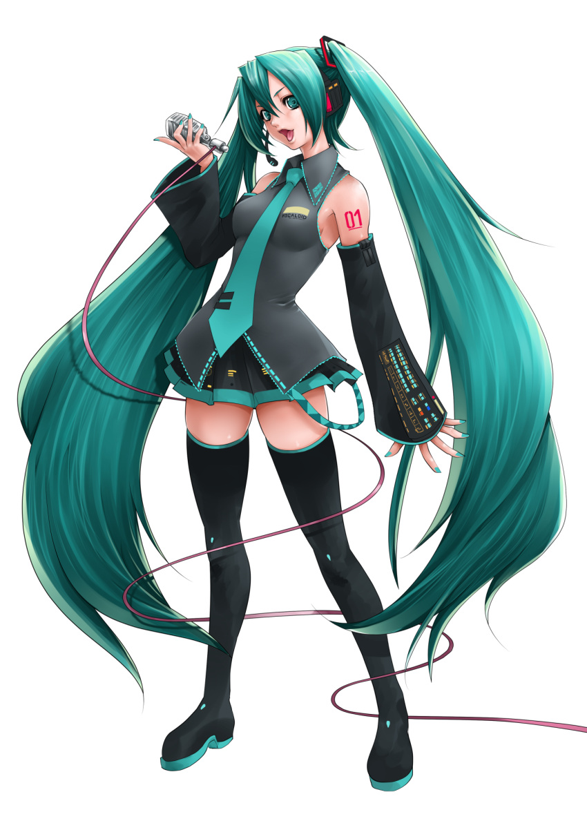 1girl, boots, copyright_name, detached_sleeves, green_eyes, green_hair, hatsune_miku, headset, highres, long_hair, microphone, nail_polish, necktie, open_mouth, simple_background, skirt, solo, souryu, tattoo, thigh_boots, thighhighs, twintails, very_long_hair, vocaloid, white_background