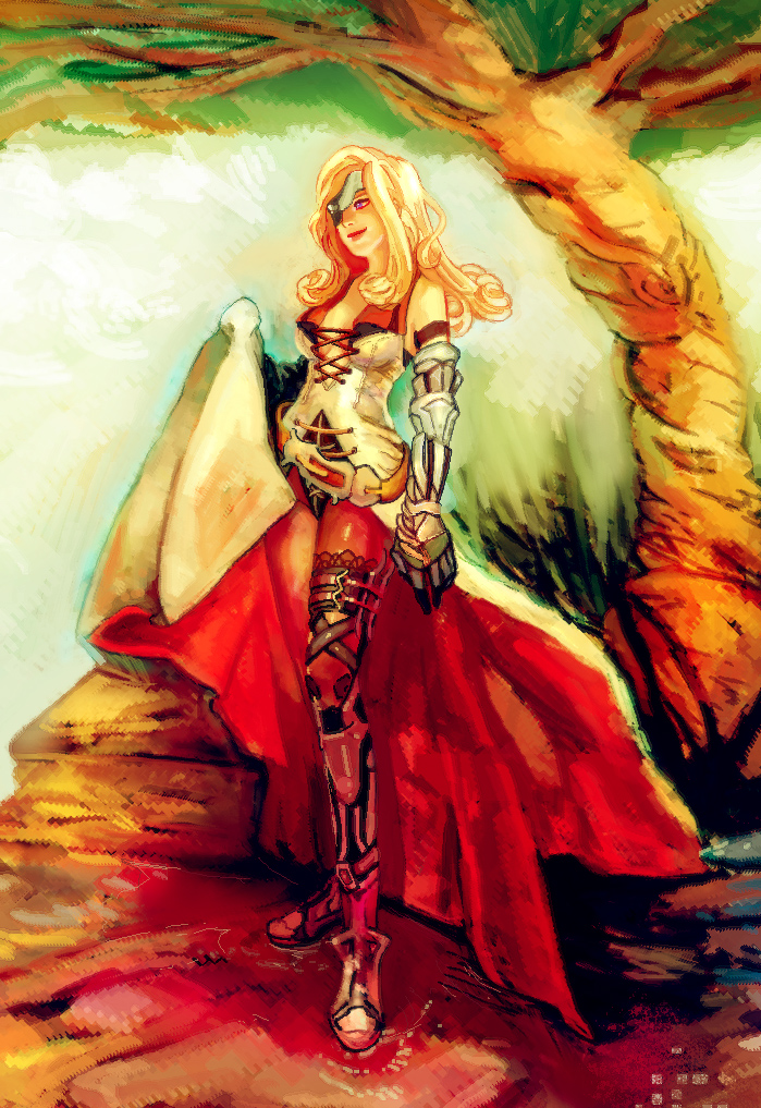 armor, bare_shoulders, beatrix, belt, blonde_hair, blue_eyes, cleavage, drill_hair