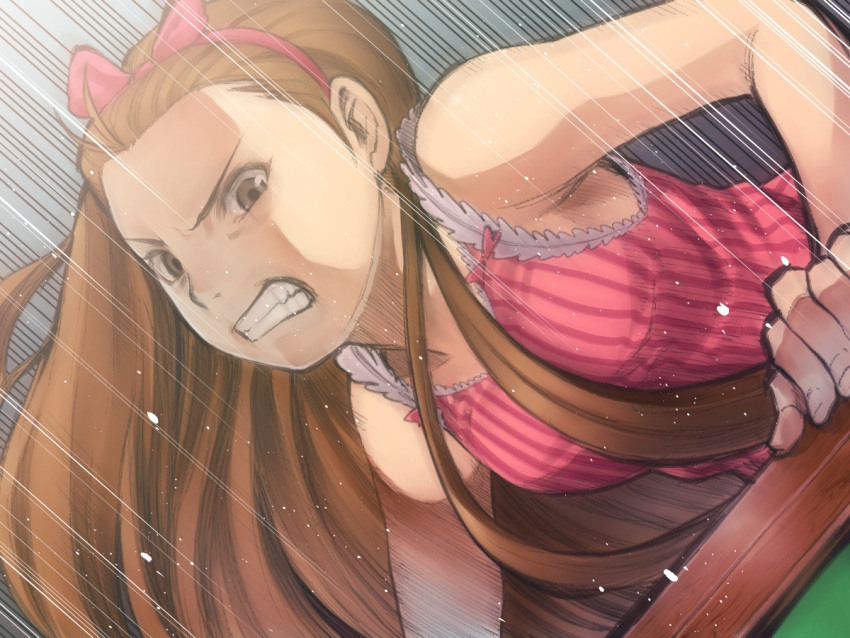 1girl, bare_shoulders, brown_eyes, brown_hair, chiaki_rakutarou, clenched_teeth, dress, hairband