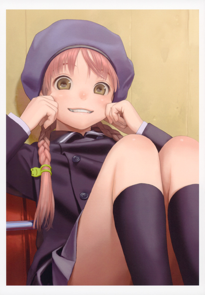 1girl, black_legwear, blush, braid, brown_eyes, cheek_pull, child, forced_smile