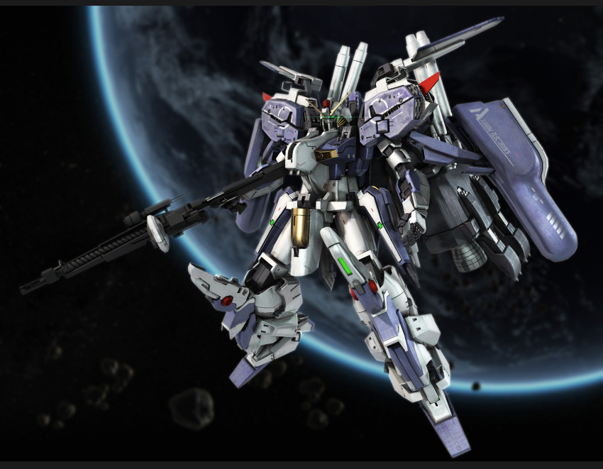 beam_rifle, earth, ex-s_gundam, glowing, glowing_eyes, gun, gundam, gundam_sentinel