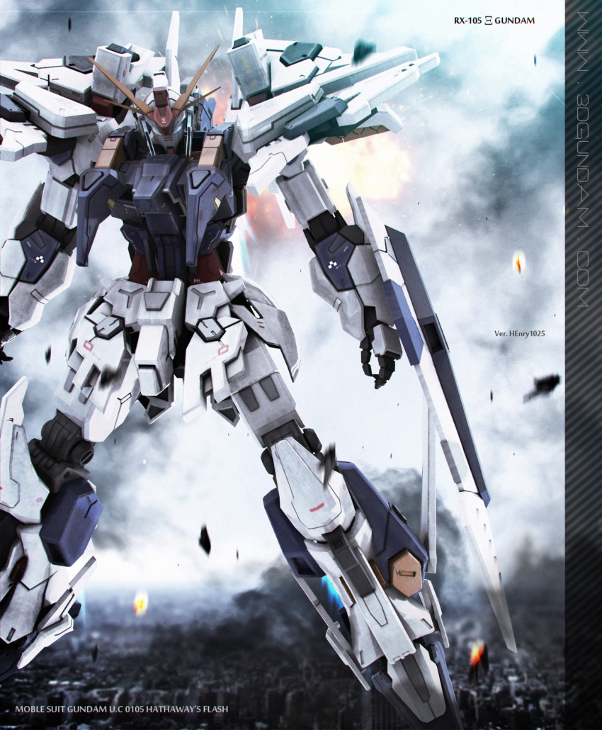blade, city, clouds, damaged, fire, flying, gundam, gundam_hathaway's_flash
