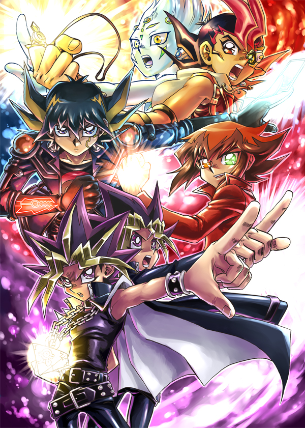 6+boys, astral_(yuu-gi-ou_zexal), back-to-back, belt, brown_hair, crimson_dragon, dual_persona, fudou_yuusei
