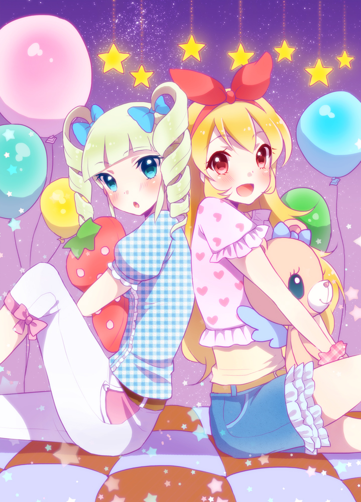2girls, aikatsu!, aqua_eyes, blonde_hair, blush, drill_hair, fang, hair_ornament