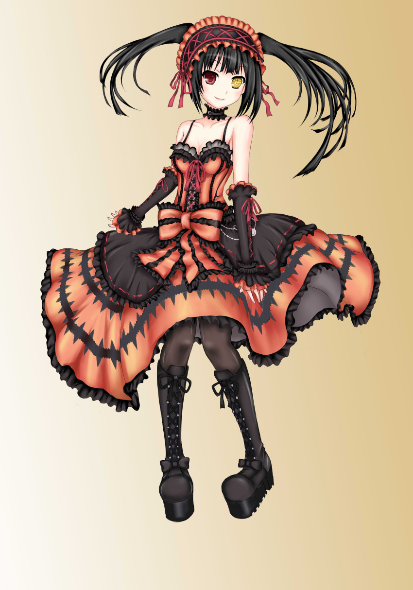 1girl, absurdres, bare_shoulders, black_hair, boots, breasts, cleavage, clock_eyed