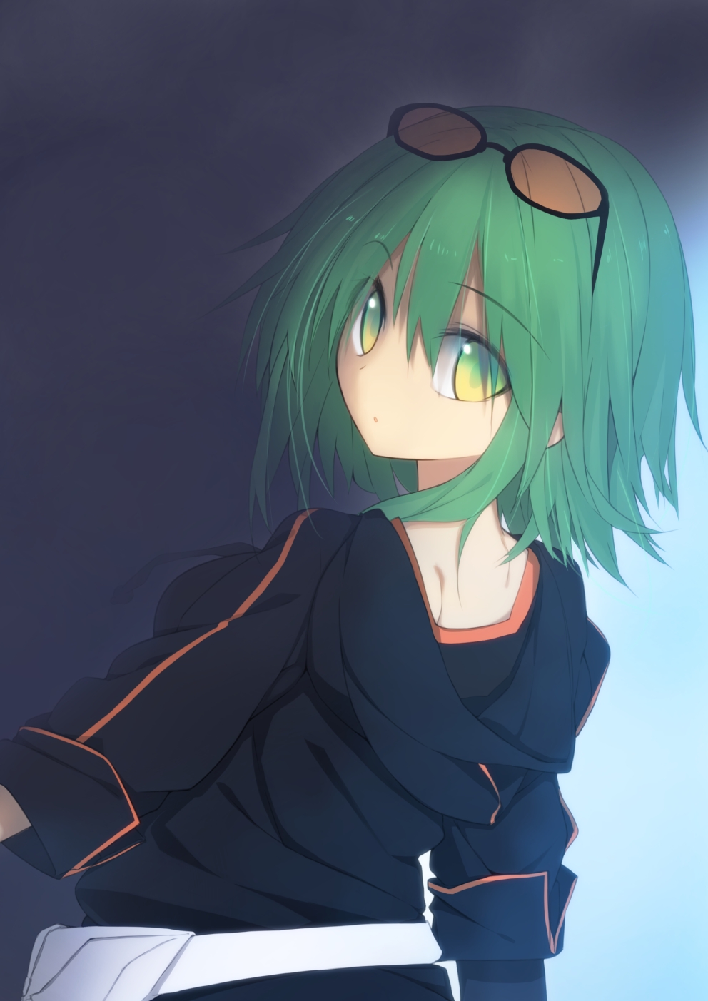 1girl, denpaken_pochi, glasses, glasses_on_head, green_eyes, green_hair, gumi, heterochromia
