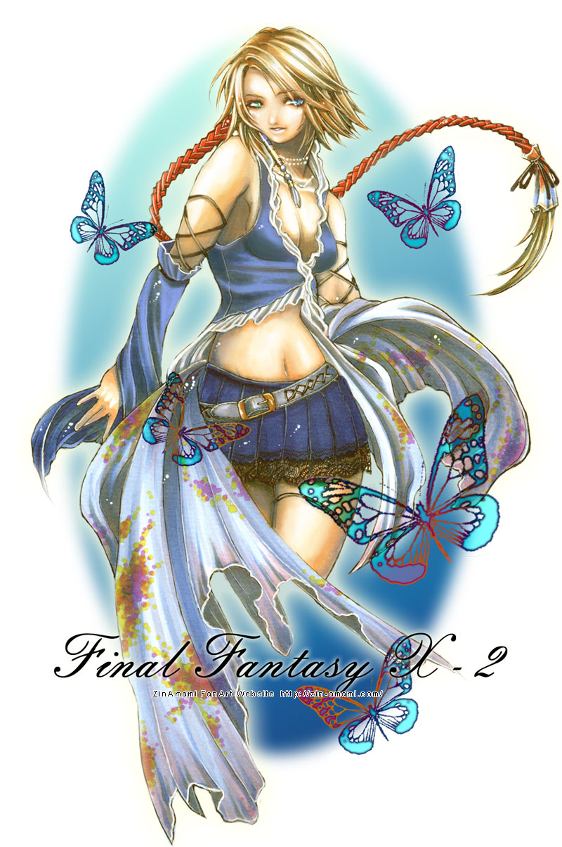 1girl, bare_shoulders, belt, blue_eyes, brown_hair, butterfly, cleavage, copyright_name, detached_sleeves, female, final_fantasy, final_fantasy_x, final_fantasy_x-2, green_eyes, heterochromia, lace, lace-trimmed_skirt, lace_trim, long_hair, midriff, miniskirt, navel, necklace, ponytail, skirt, solo, title_drop, very_long_hair, yuna, zin_amami