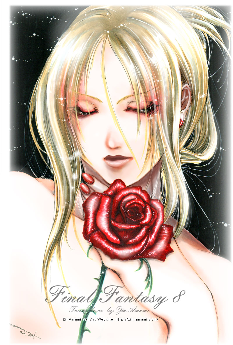 1girl, blonde_hair, closed_eyes, earrings, female, final_fantasy, final_fantasy_viii, flower
