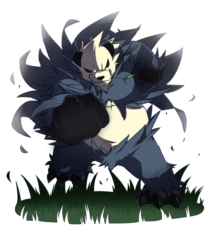 banchou, fangs, grass, highres, leaf, no_humans, panda, pangoro, pokemon, pokemon_(creature), pokemon_(game), pokemon_xy, shishiko_(dlion0000), white_background