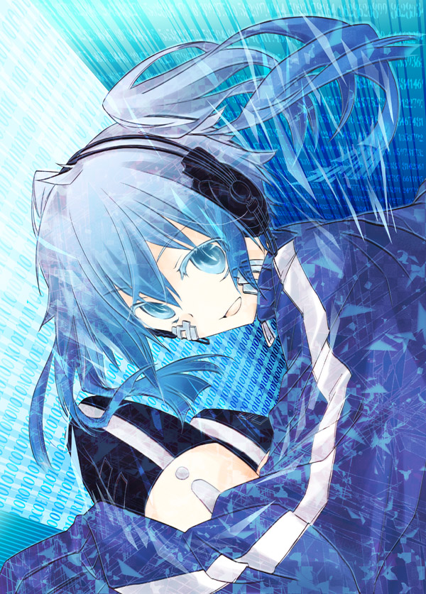 1girl, binary, blue_eyes, blue_hair, digital_rain, ene_(kagerou_project), etoryoku, headphones, kagerou_project, long_hair, smile, solo, twintails, vocaloid