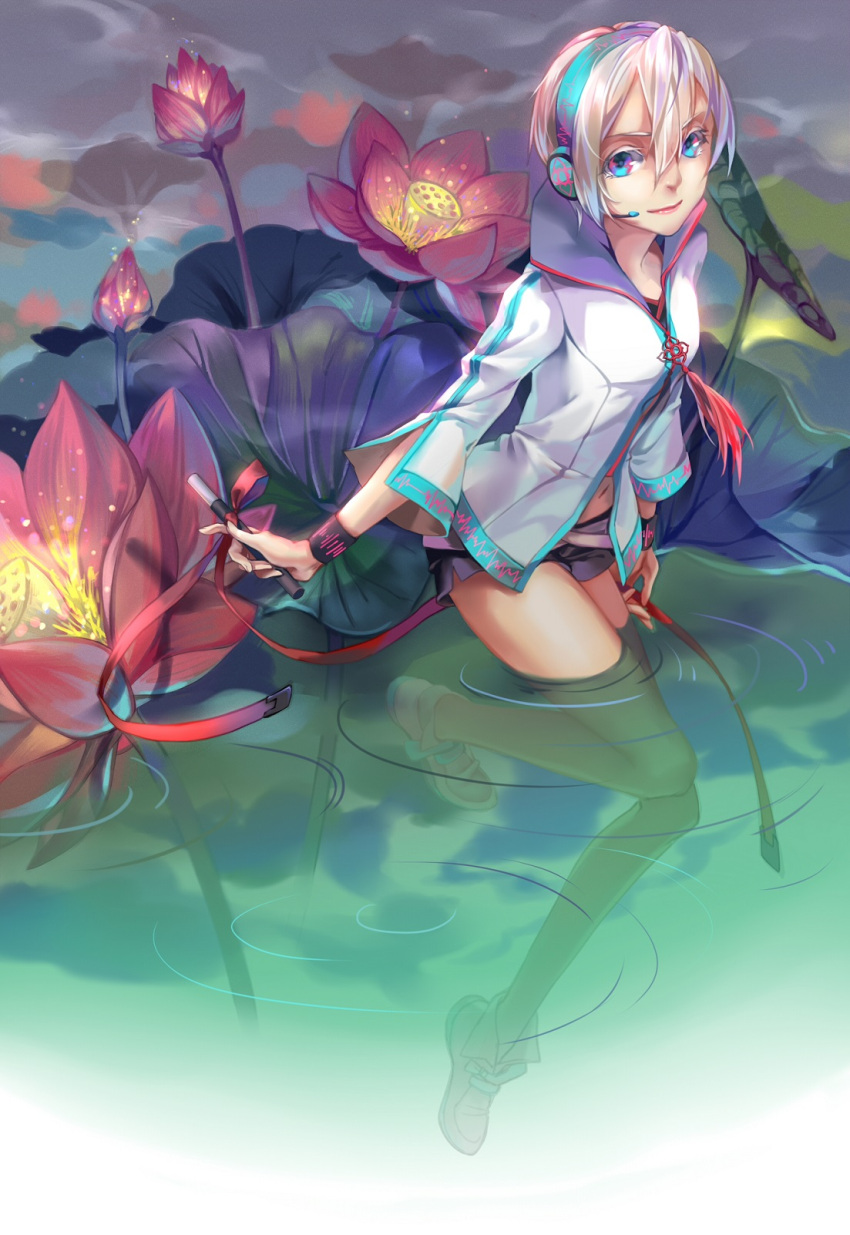 1girl, blue_eyes, carrot_(supercarrot), flower, headset, highres, jacket, lily_(flower)