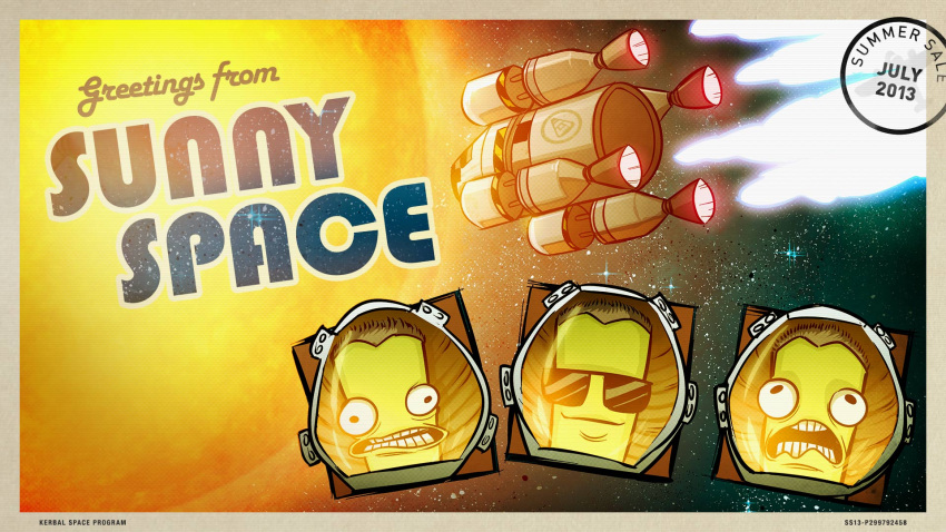 2013, 3boys, character_request, copyright_name, dated, english, eyeroll, highres, kerbal_space_program, male, multiple_boys, postcard, rocket, smile, space, space_craft, space_helmet, star, steam_(platform), sun, sunglasses, wavy_mouth, yellow_skin