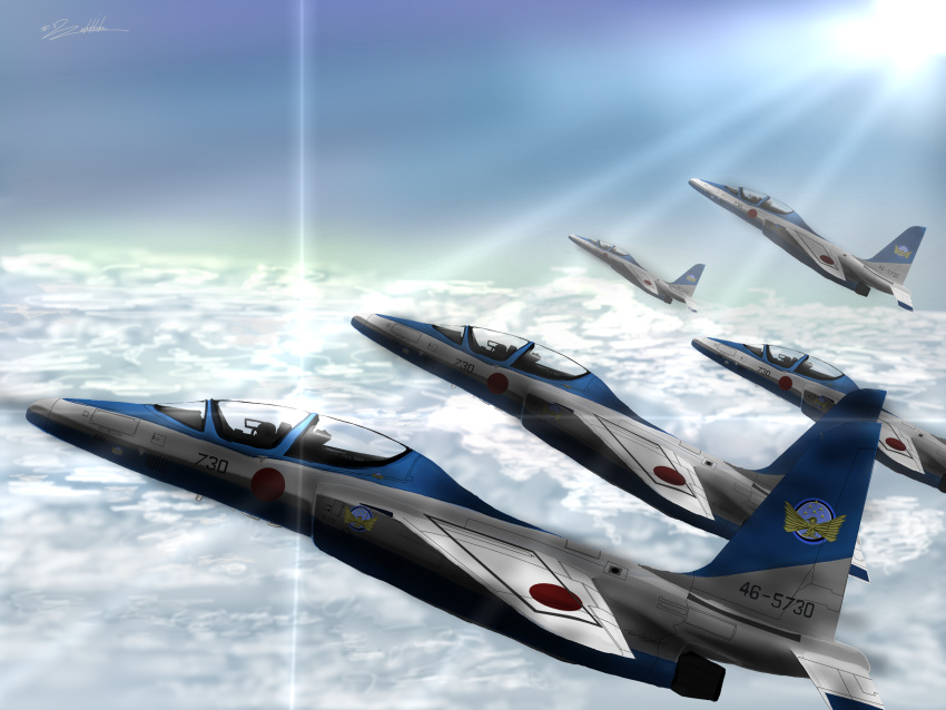 absurdres, airplane, blue_impulse_(team), clouds, flying, highres, japan_air_self-defense_force, jet