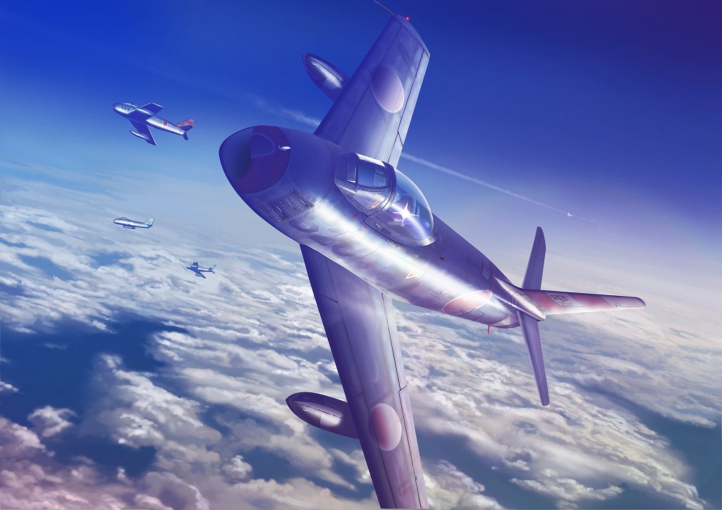 airplane, amisu, clouds, cockpit, f-86, fighter_jet, flying, helmet, japan_air_self-defense_force, jet, original, pilot, pilot_suit, sky