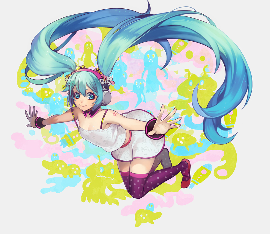 1girl, aqua_eyes, aqua_hair, floating_hair, hatsune_miku, headphones, iaki_mochiko, long_hair