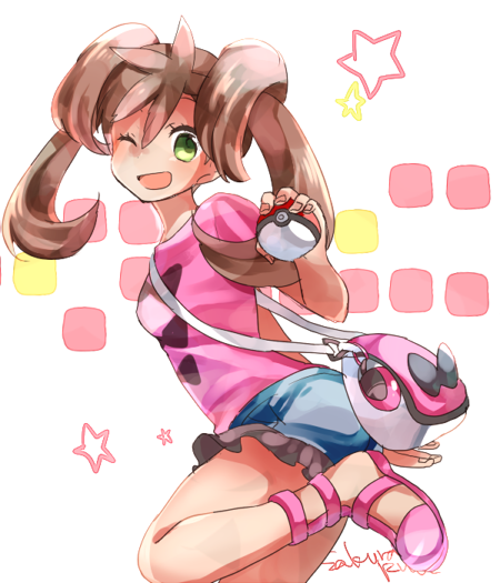 1girl, ;d, bag, bare_legs, bow, brown_hair, green_eyes, holding